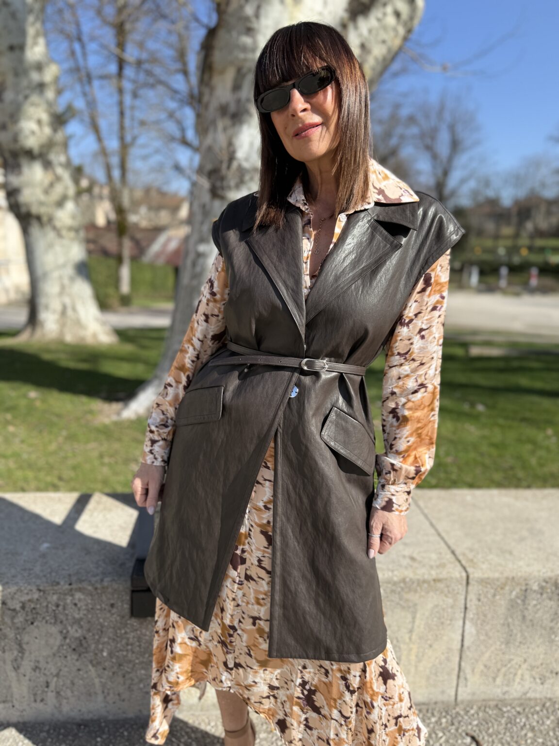 veste gilet long simili cuir marron imperial