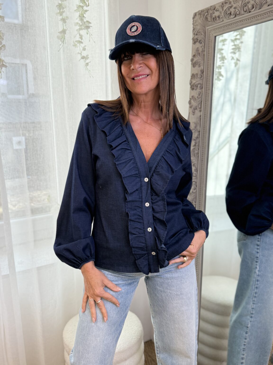 chemise à volants en denim bleu muchmoney