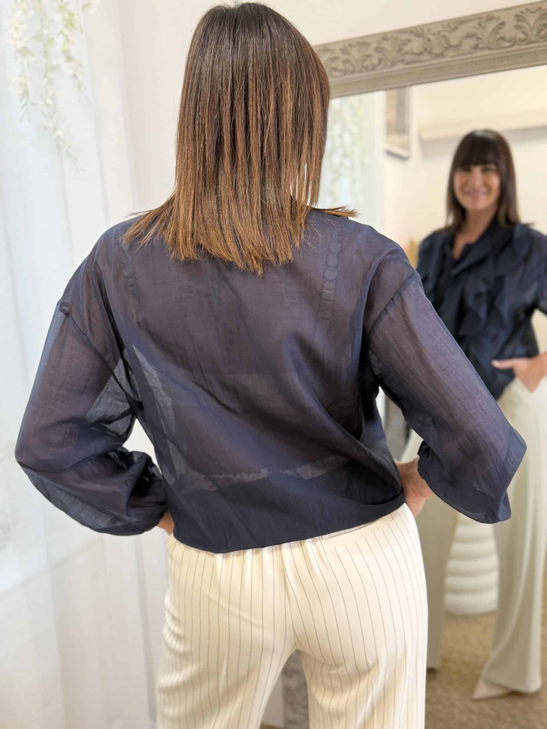 blouse fluide à volants bleu marine muchmoney