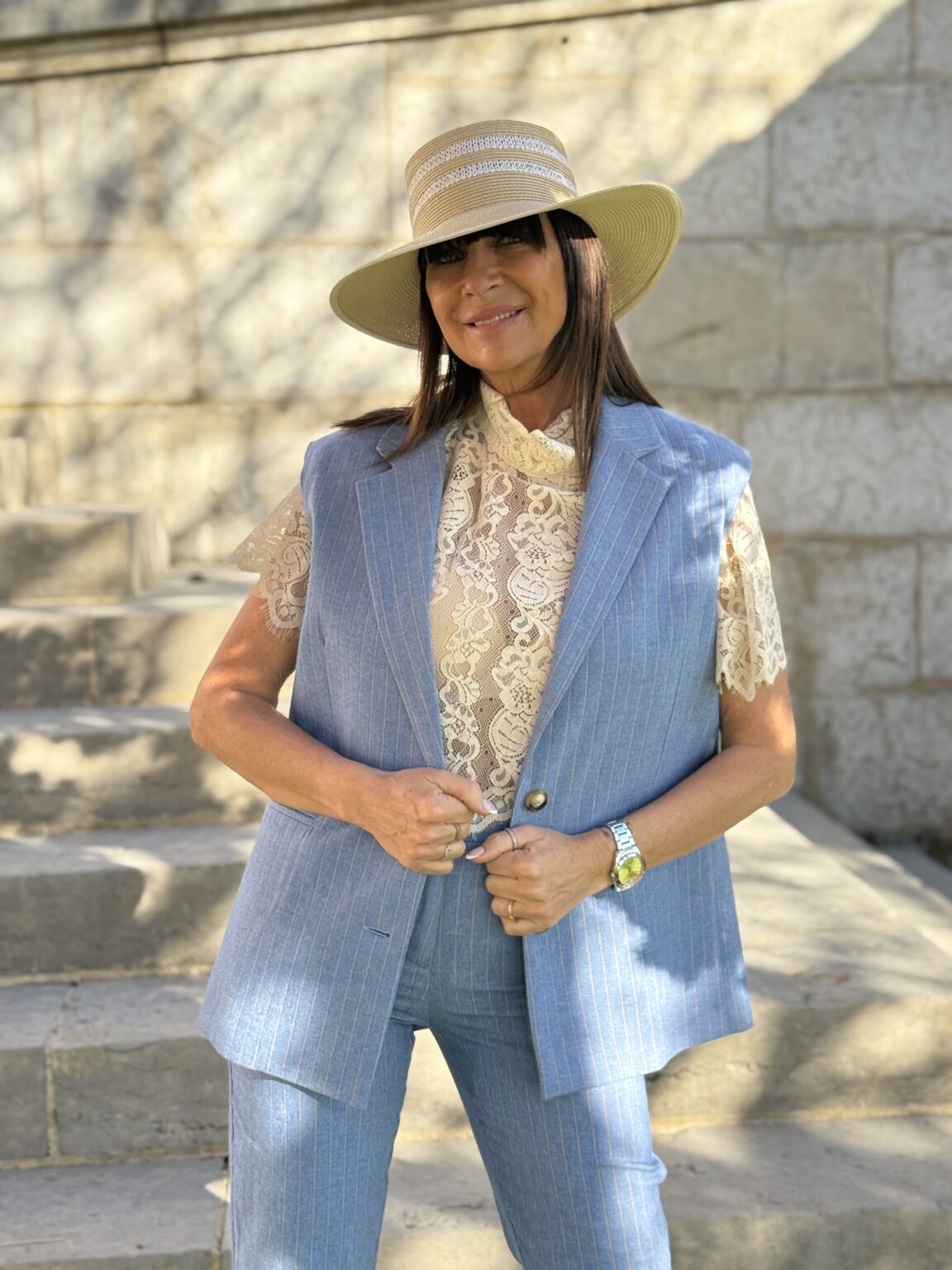 gilet tailleur sans manches à fines rayures memeroad