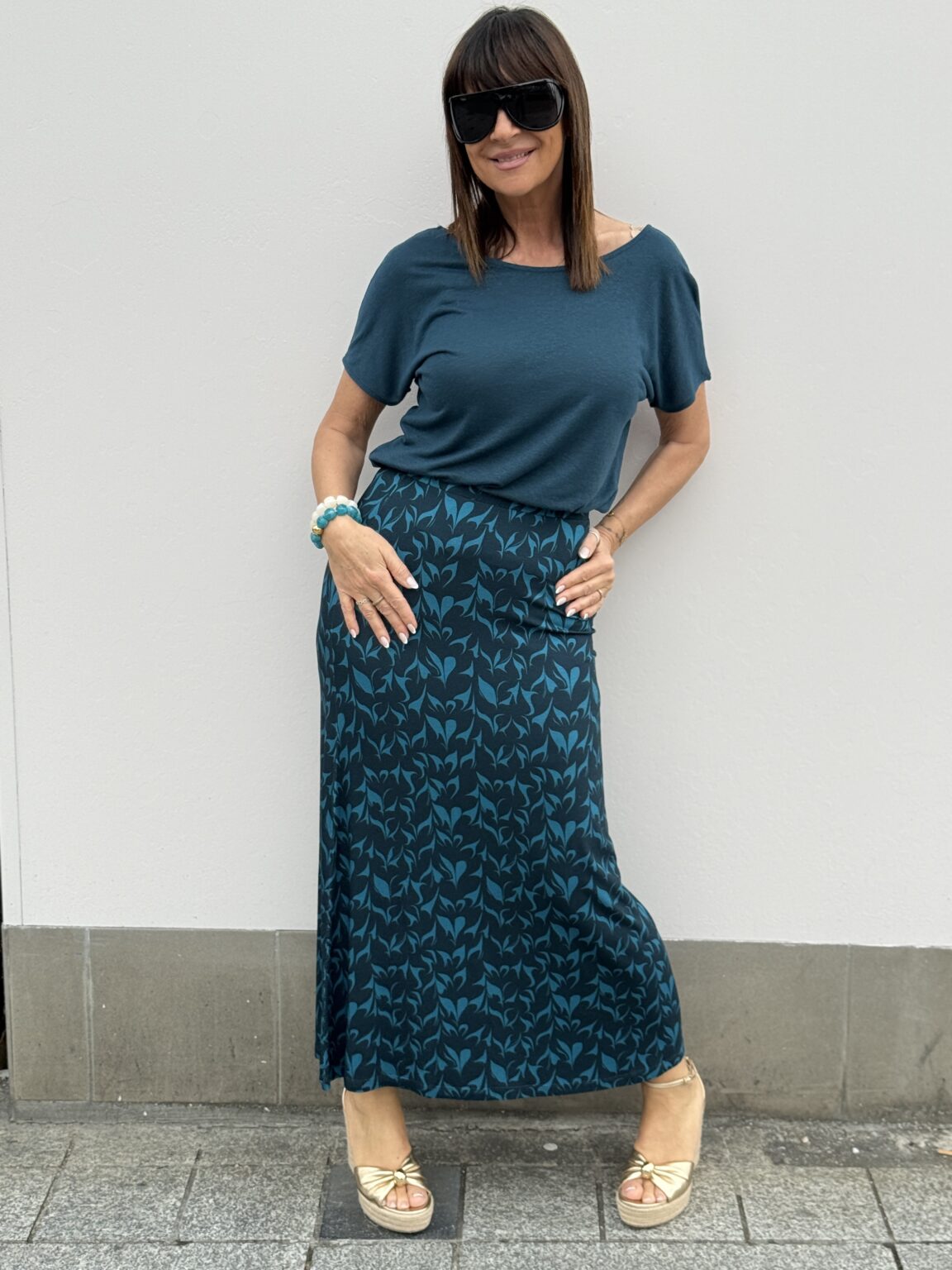 jupe midi fluide imprimé végétal bleu nice things