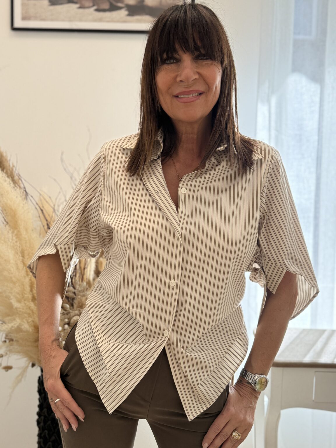 chemise rayée asymétrique beige et marron kikisix