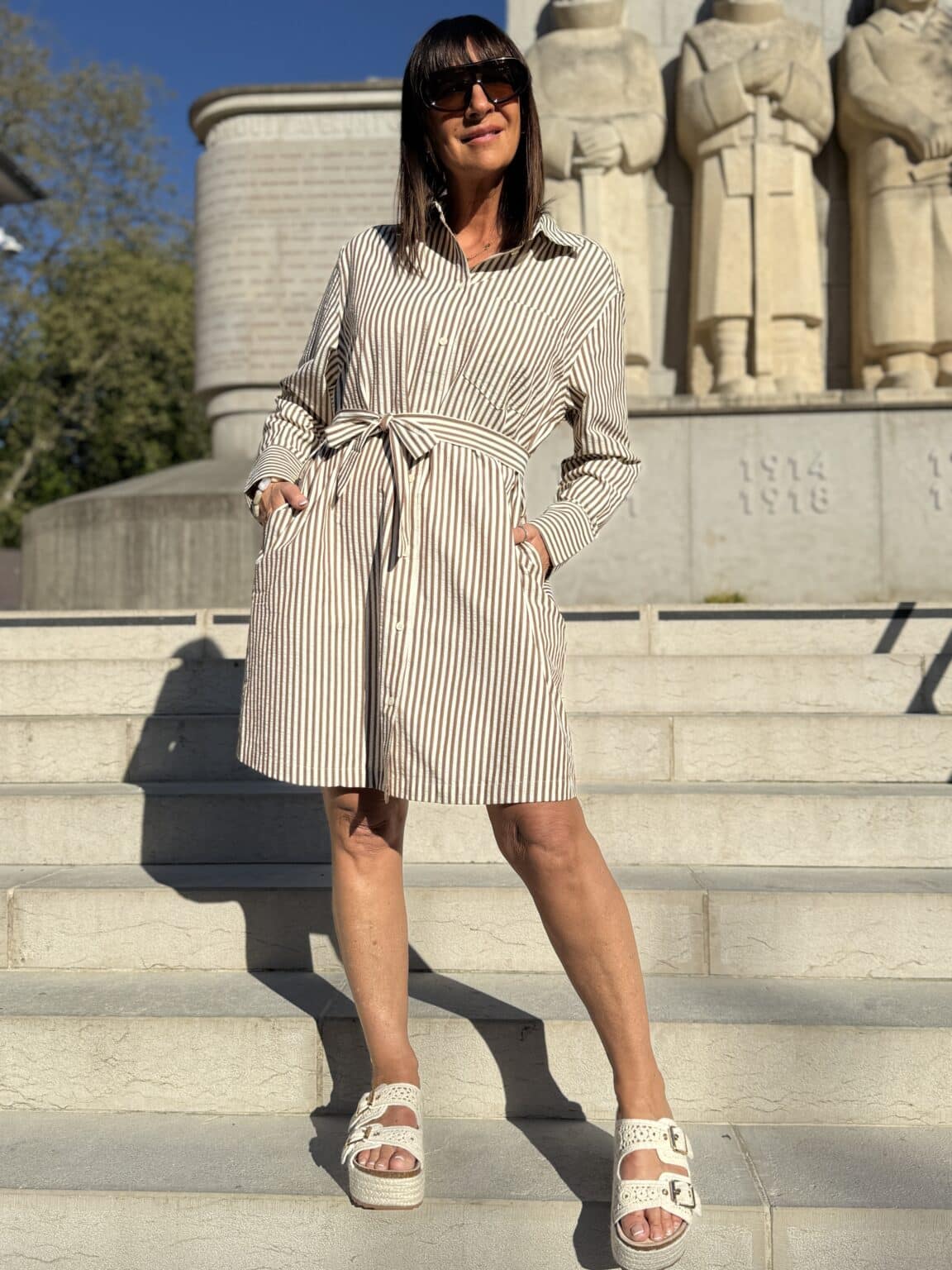 robe chemise rayée longues beige et chocolat visery grace et mila