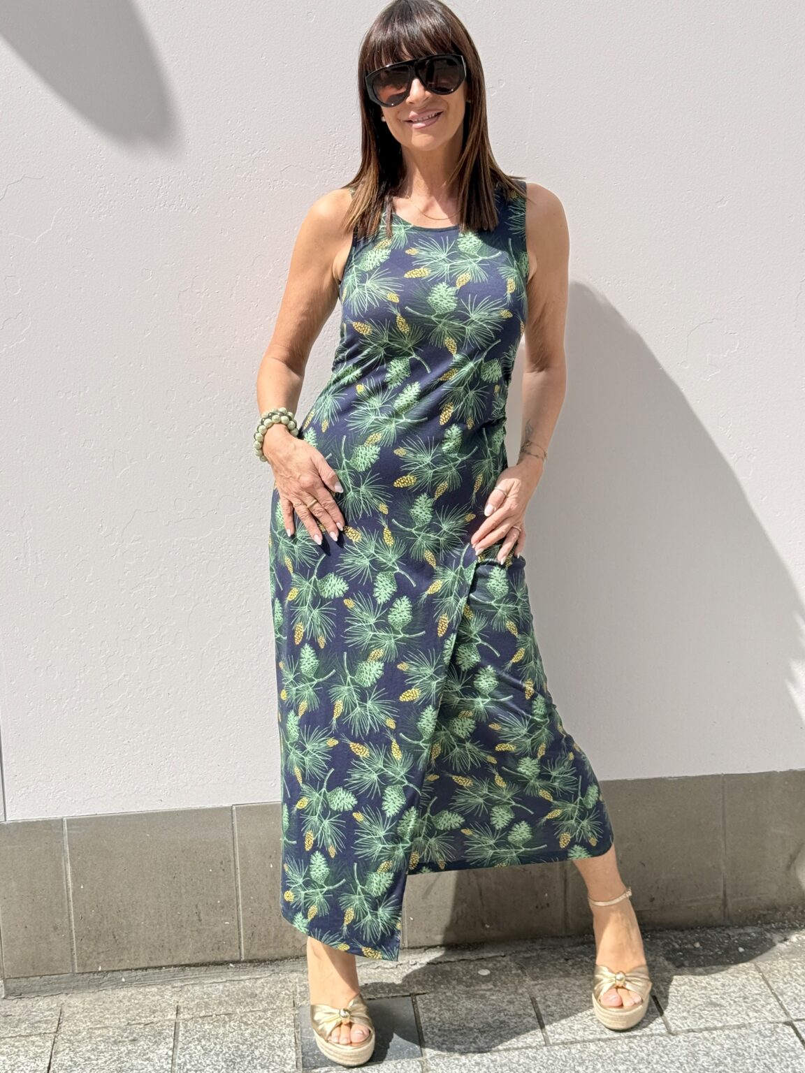 robe longue effet portefeuille imprimé végétal vert et bleu nice things