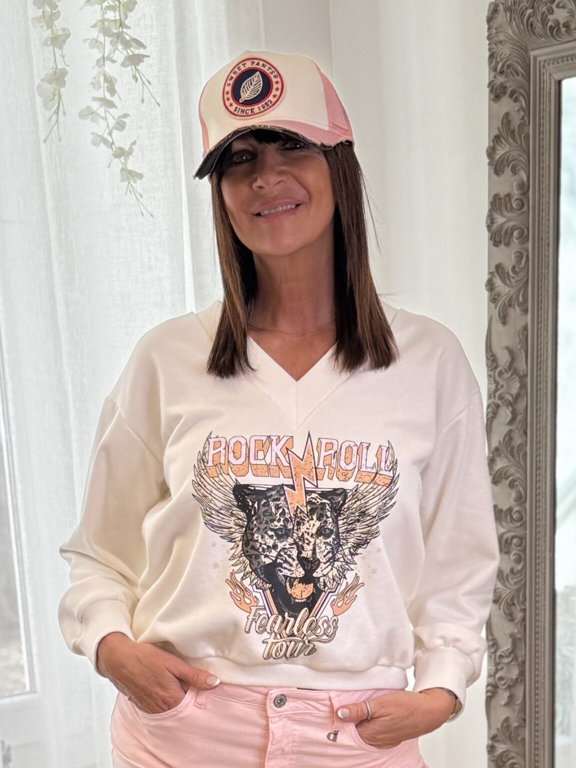 sweat oversize beige imprimé "rock'n roll" kikisix