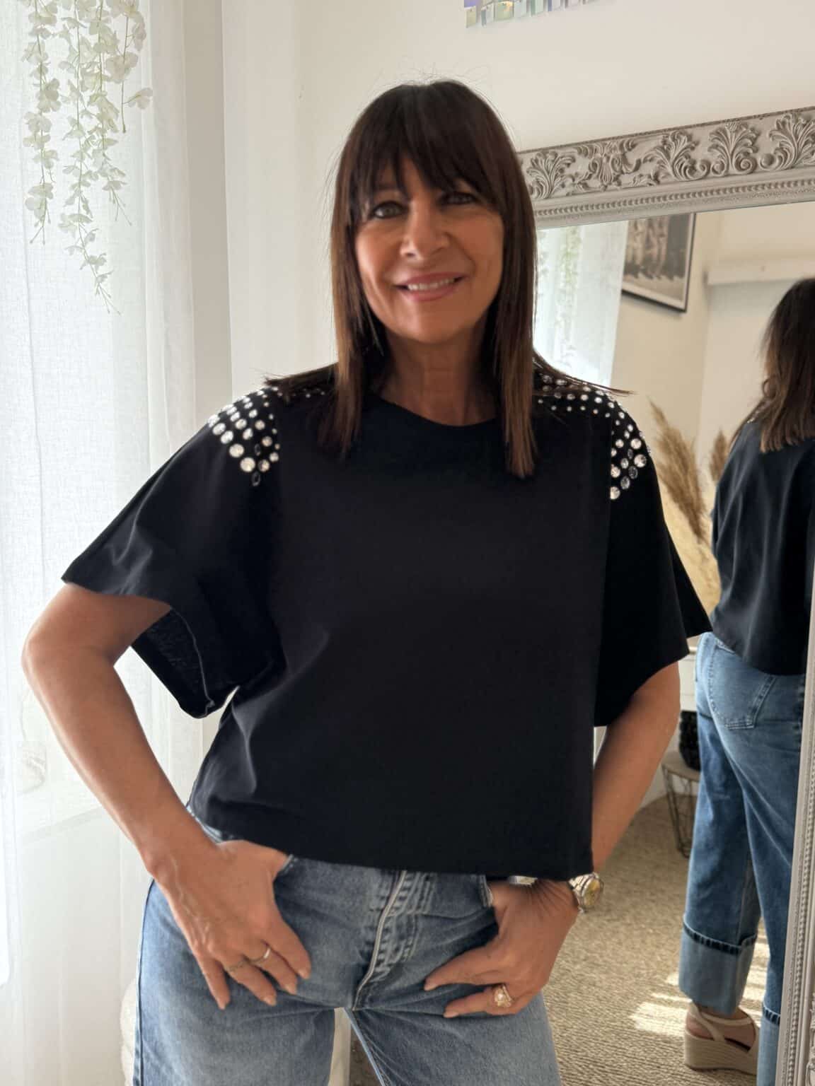 t shirt noir à strass manche courtes philia loft
