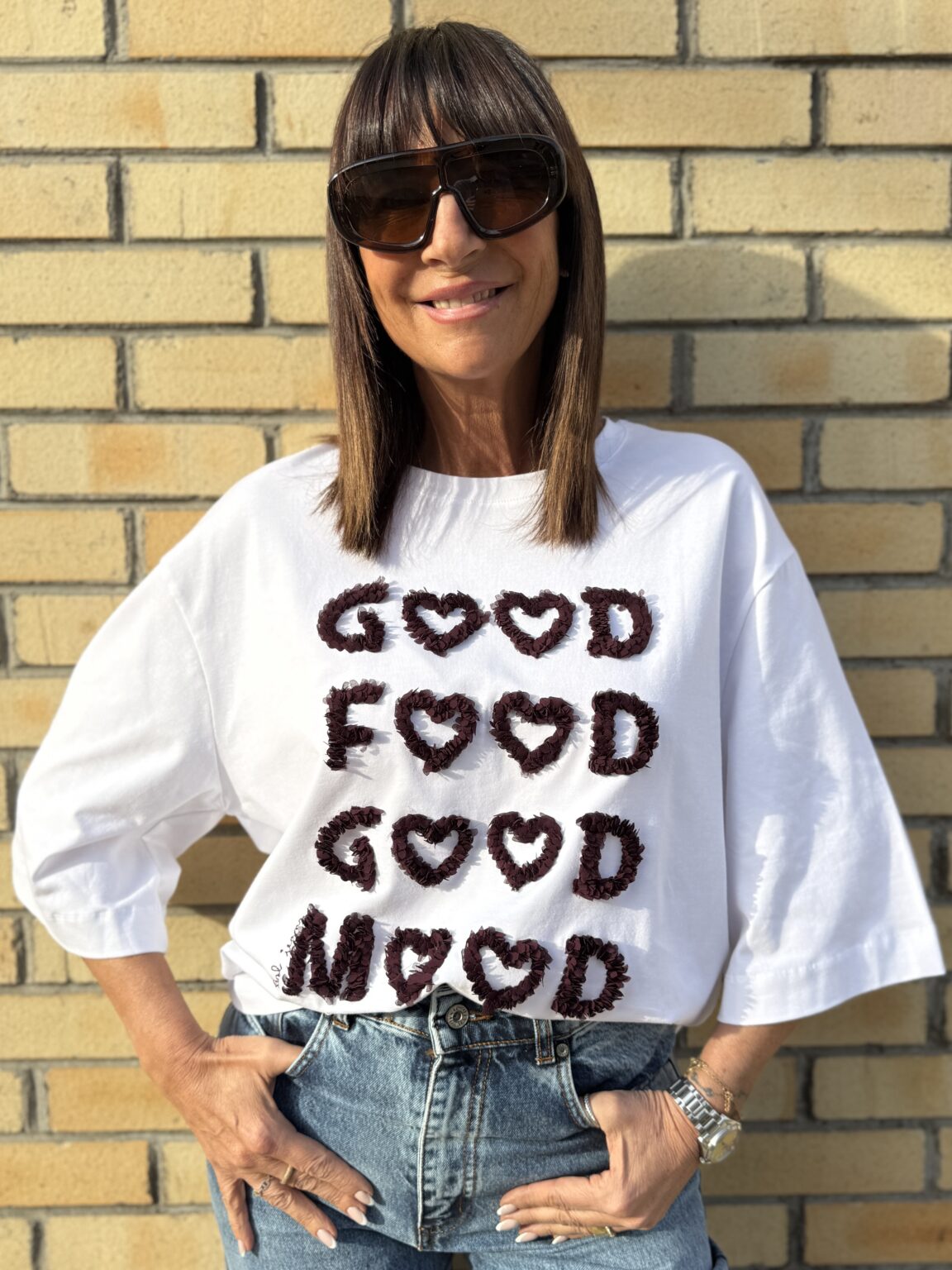 t shirt oversize blanc message chocolat " good mood" bsb