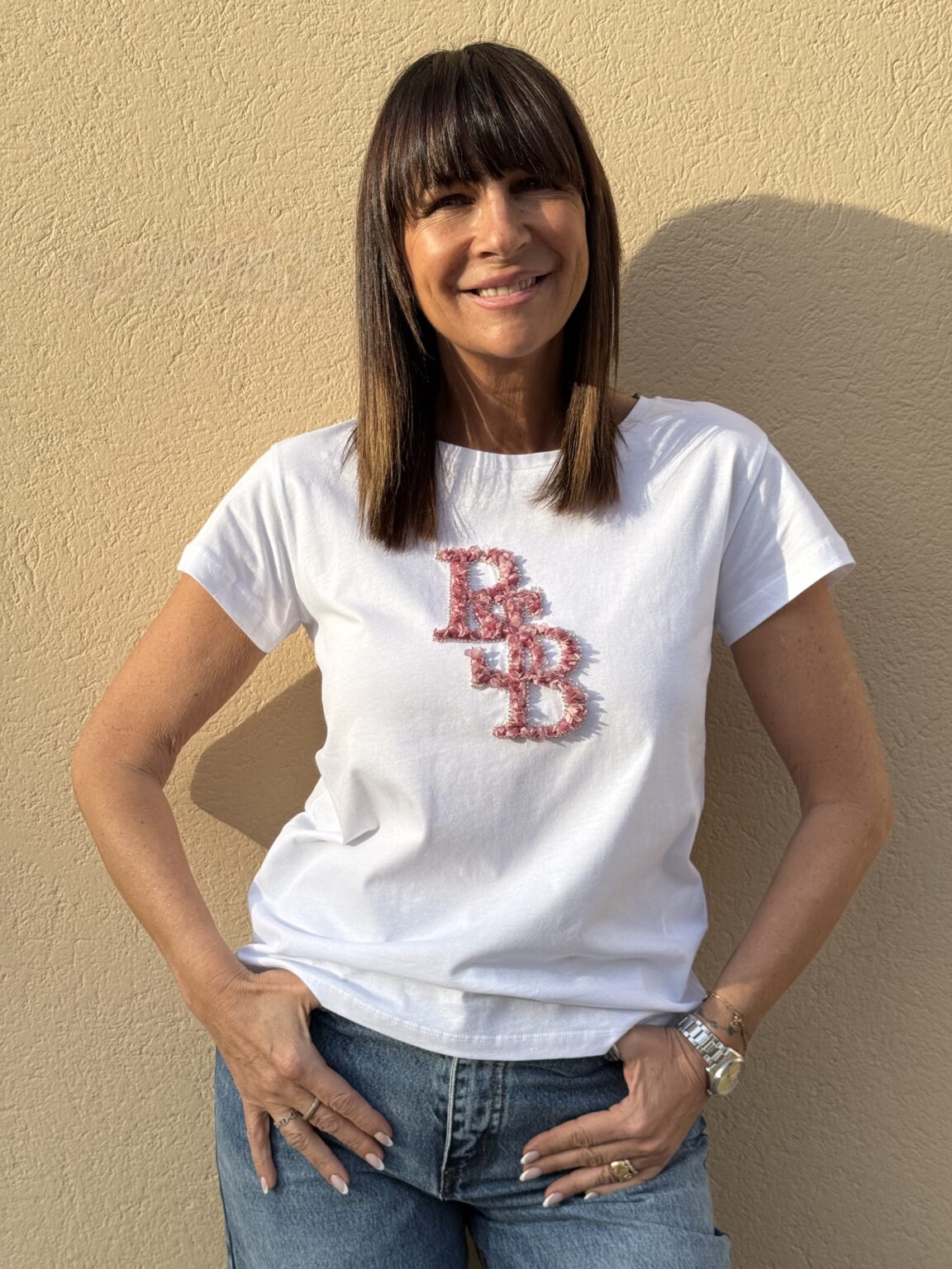 t shirt oversize blanc message en rose " bsb" bsb