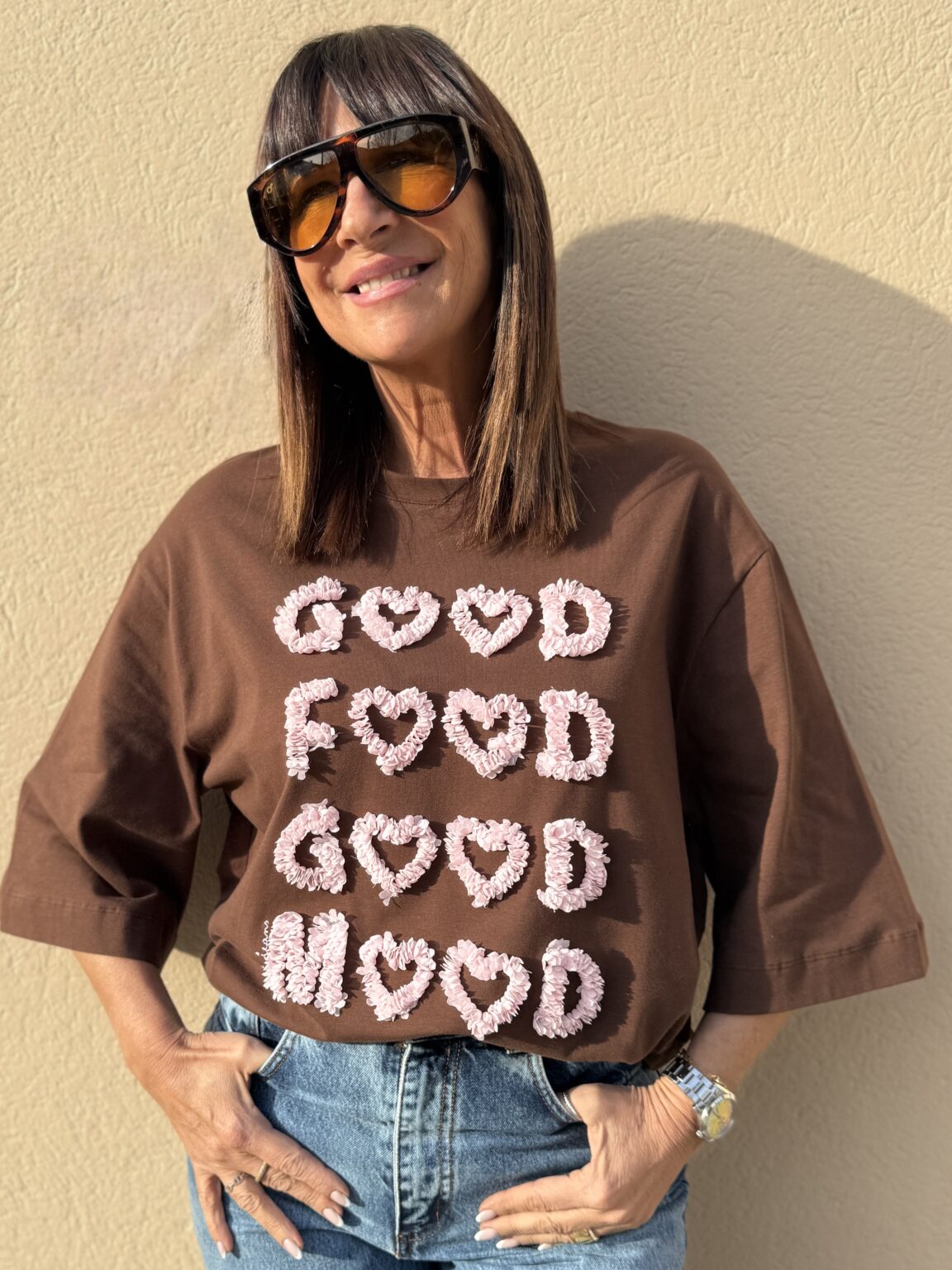 t shirt oversize blanc message chocolat " good mood" bsb