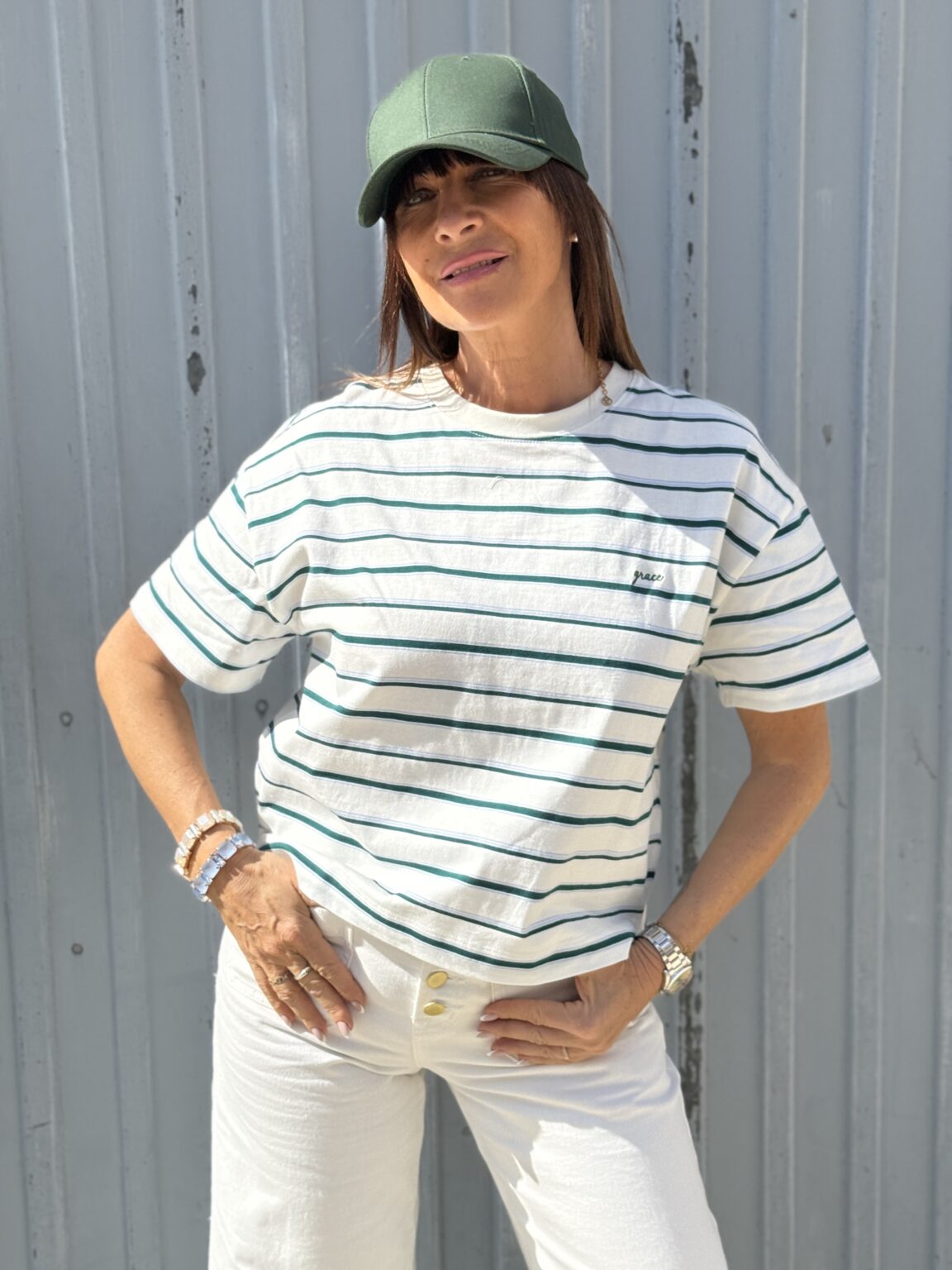t shirt rayé écru et vert grace & mila