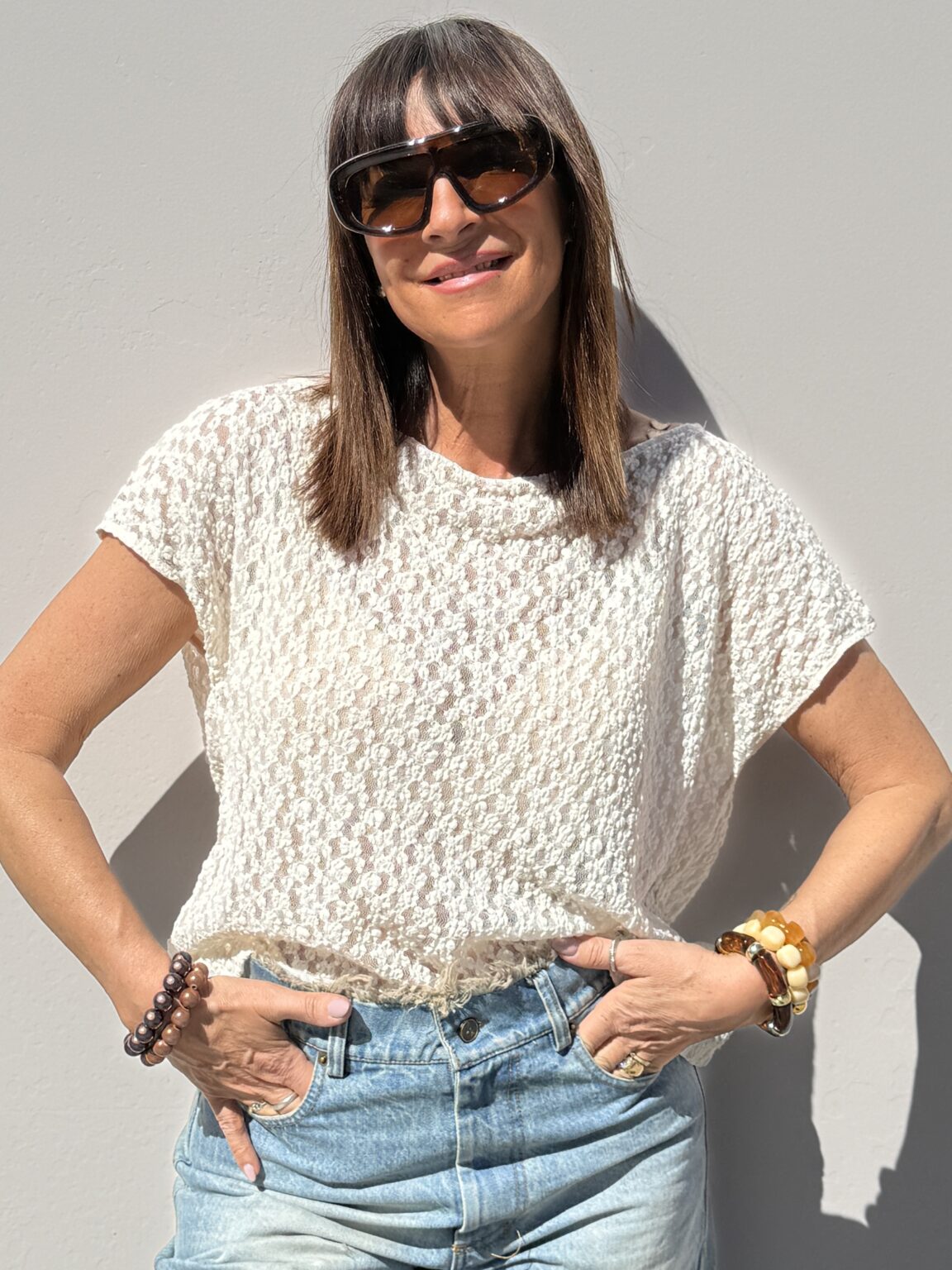 top ample en dentelle texturée camel kikisix