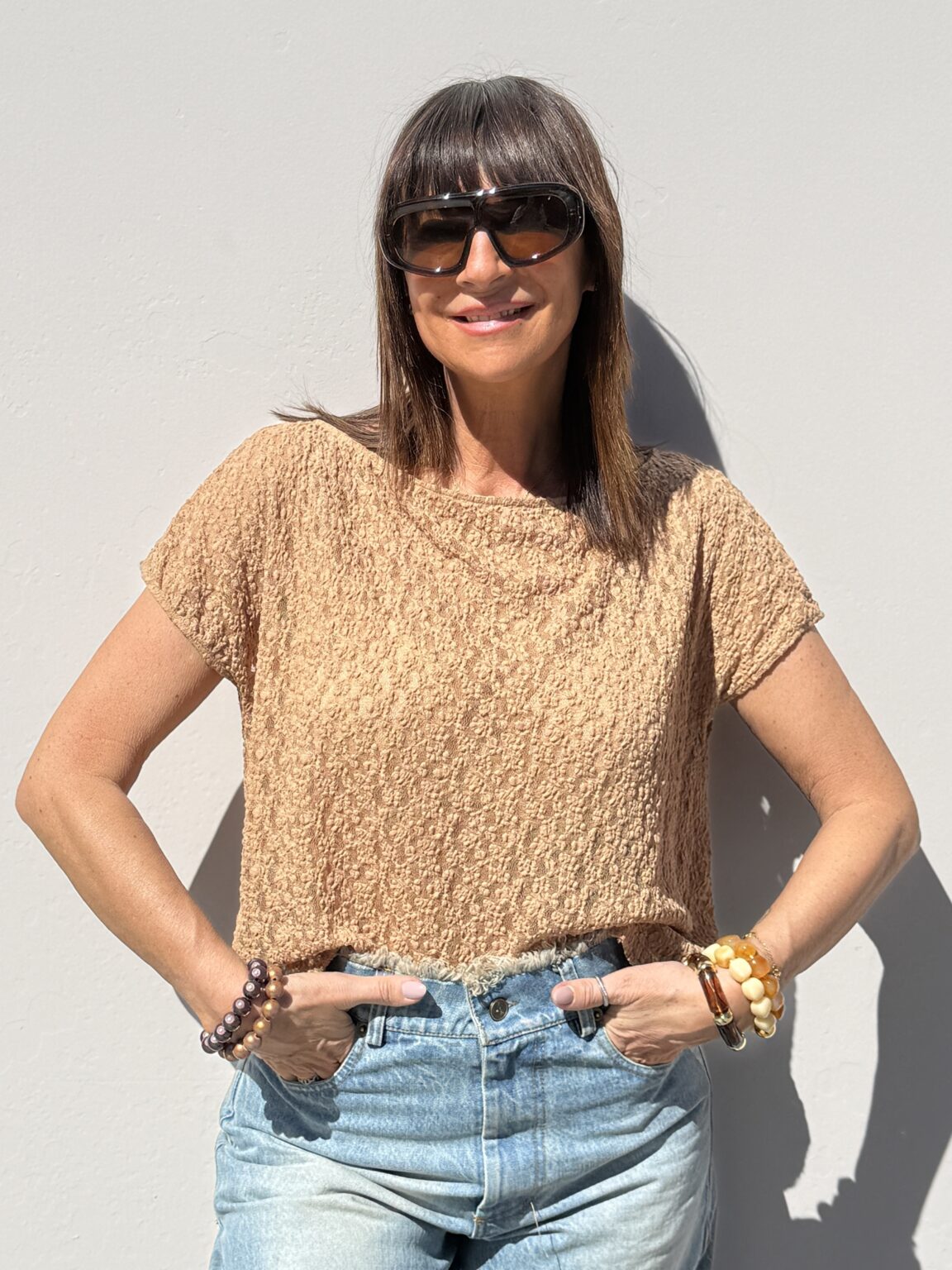 top ample en dentelle texturée camel kikisix