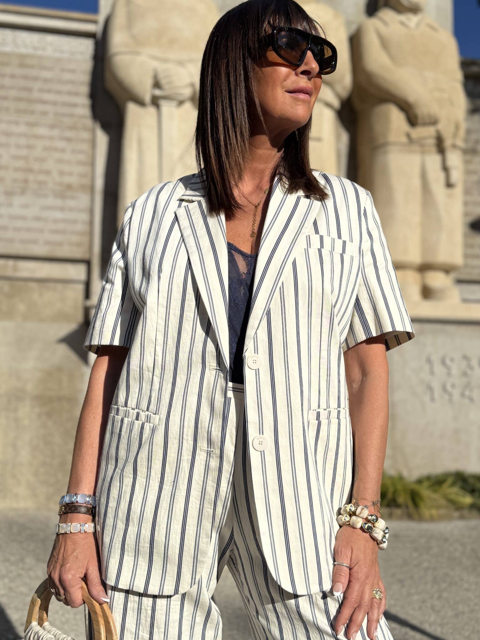 veste blazer manches courtes rayé écru & bleu imperial (amb)