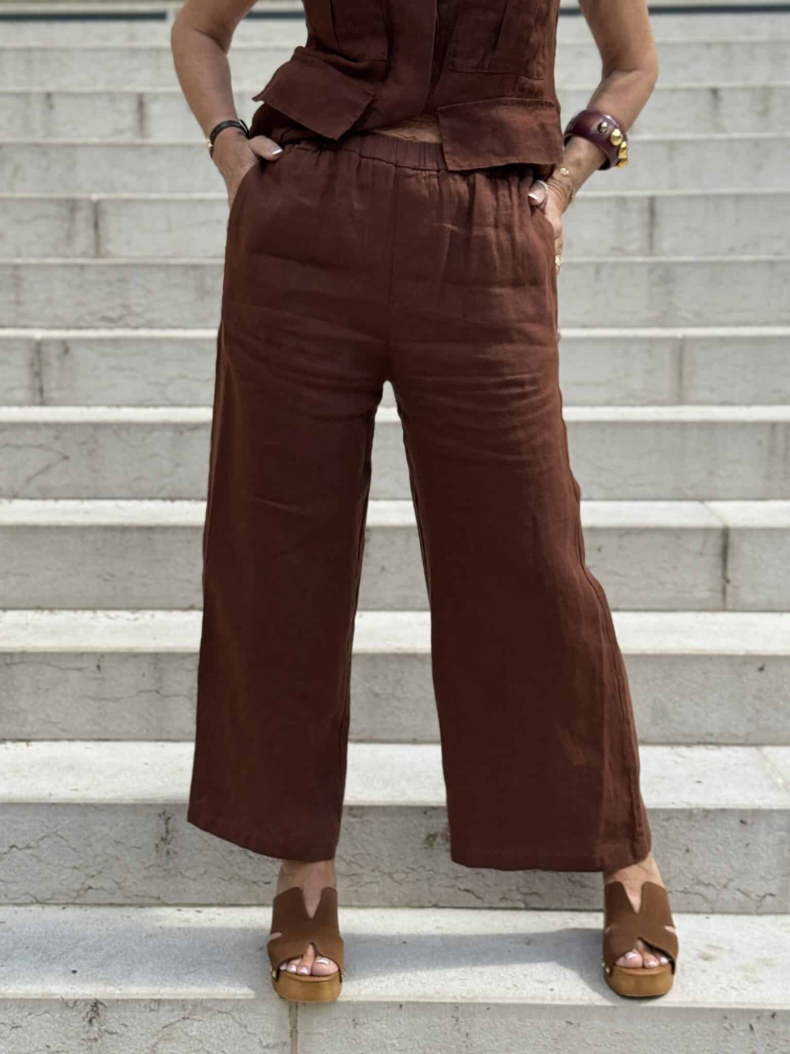 pantalon fluide en lin marron meme road