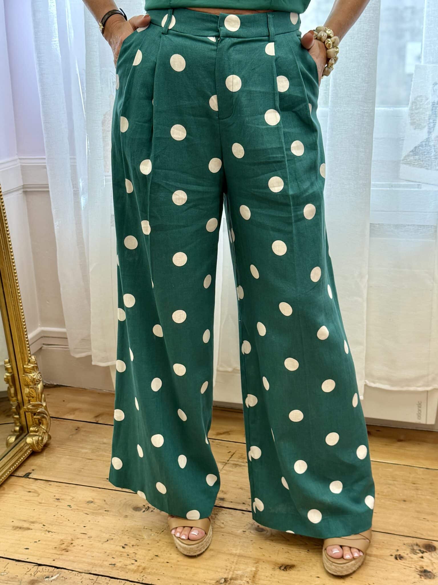 pantalon fluide en lin émeraud à pois blanc g&m