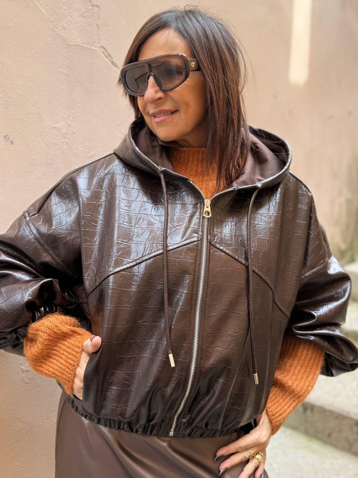 veste à capuche effet cuir croco chocolat imperial
