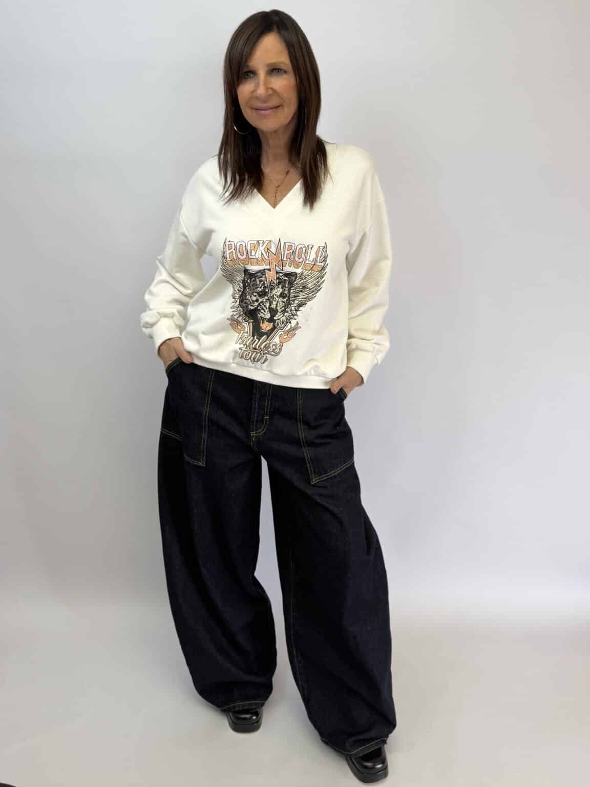 sweat oversize blanc imprimé "rock'n roll" kikisix
