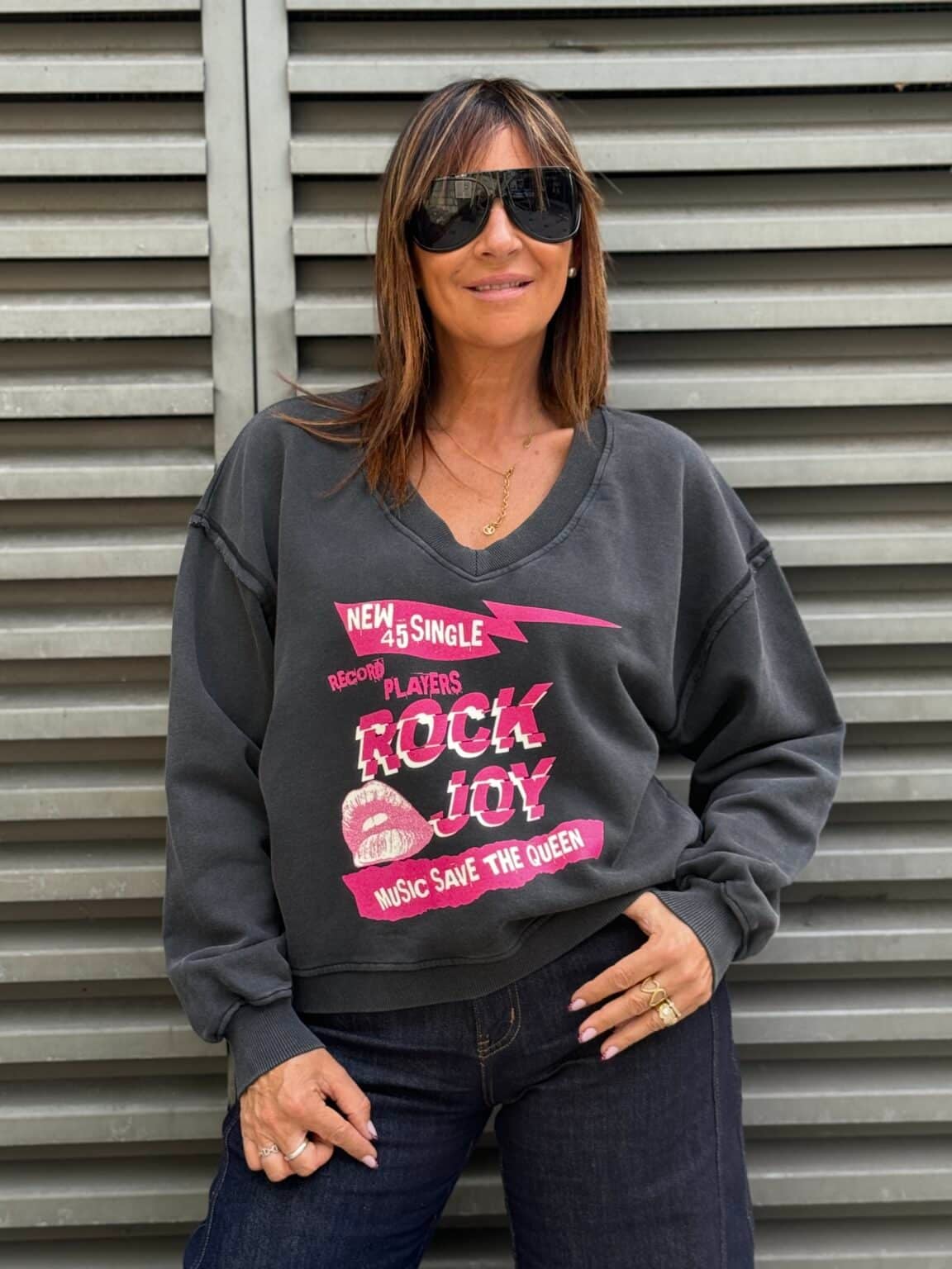 louisa sweat oversize anthracite imprimé "rock joy" mhj