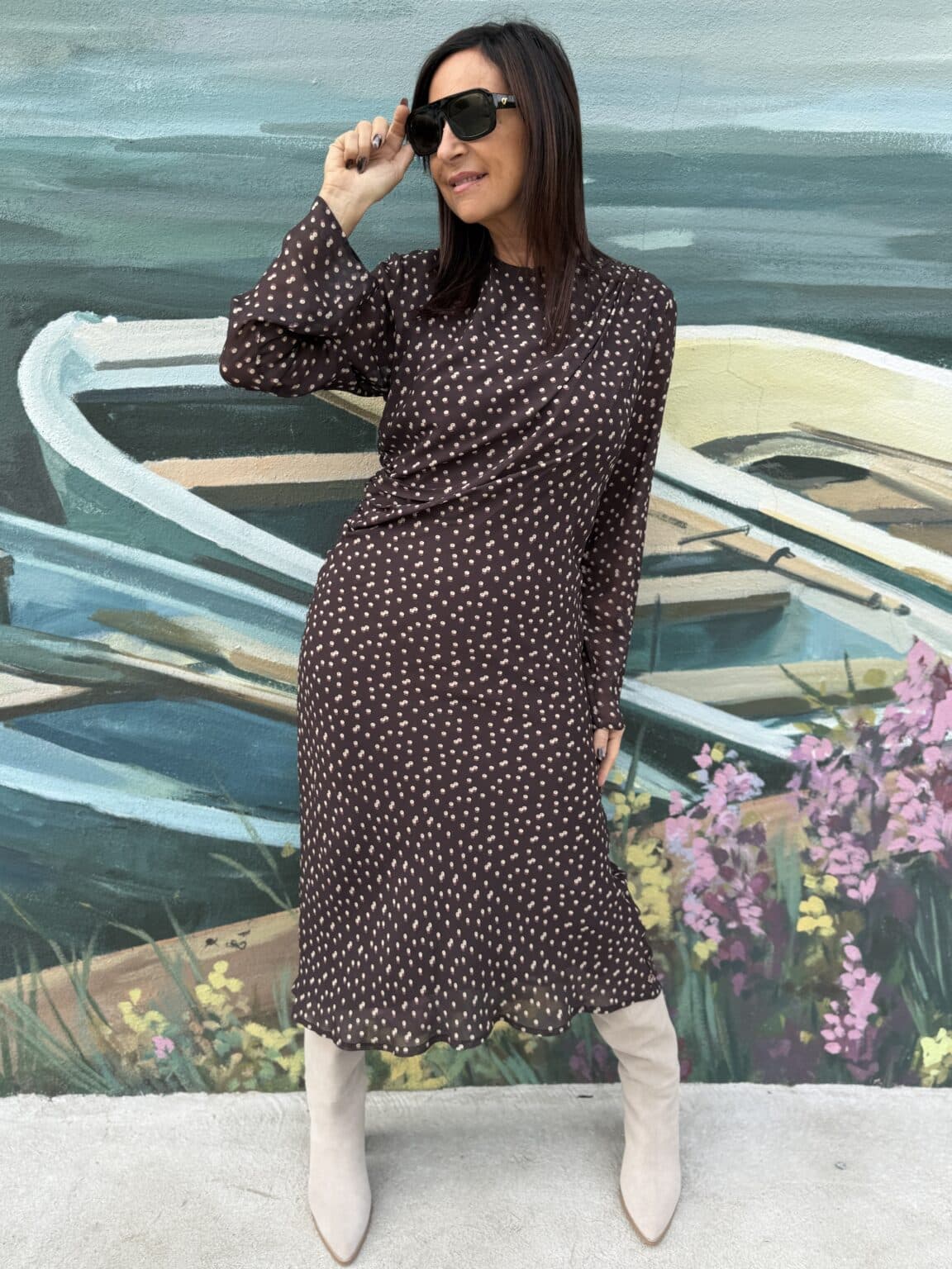 robe longue drapée marron à pois meme road