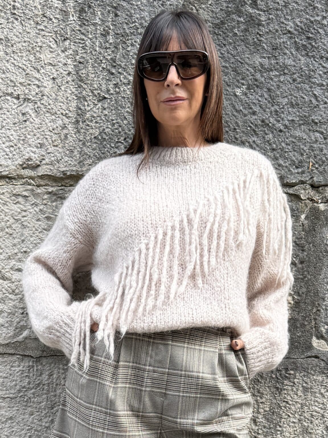 pull maille beige à franges diagonales meme road (ted)
