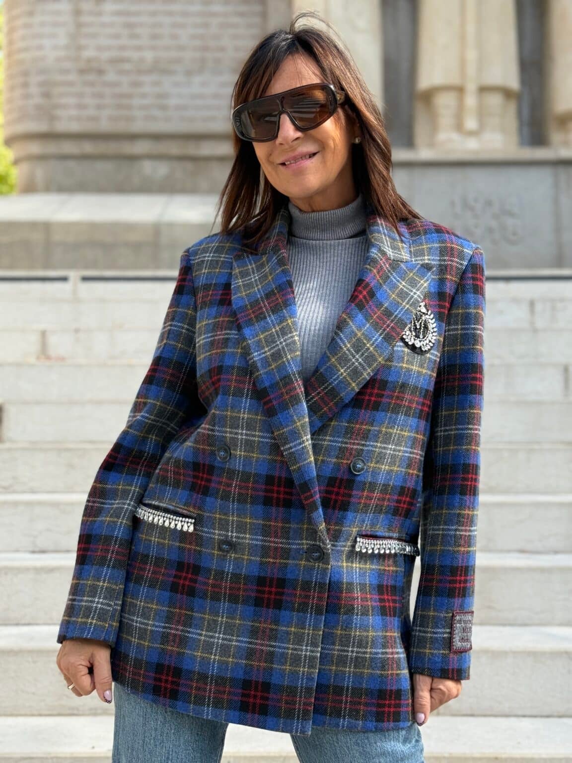 blazer carreaux bleu à strass meme road