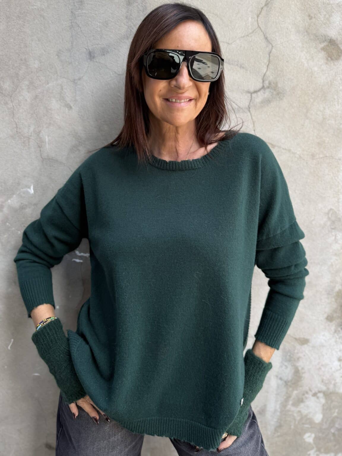 0260018 pull ample en maille vert sapin effet usé bsb (jade)