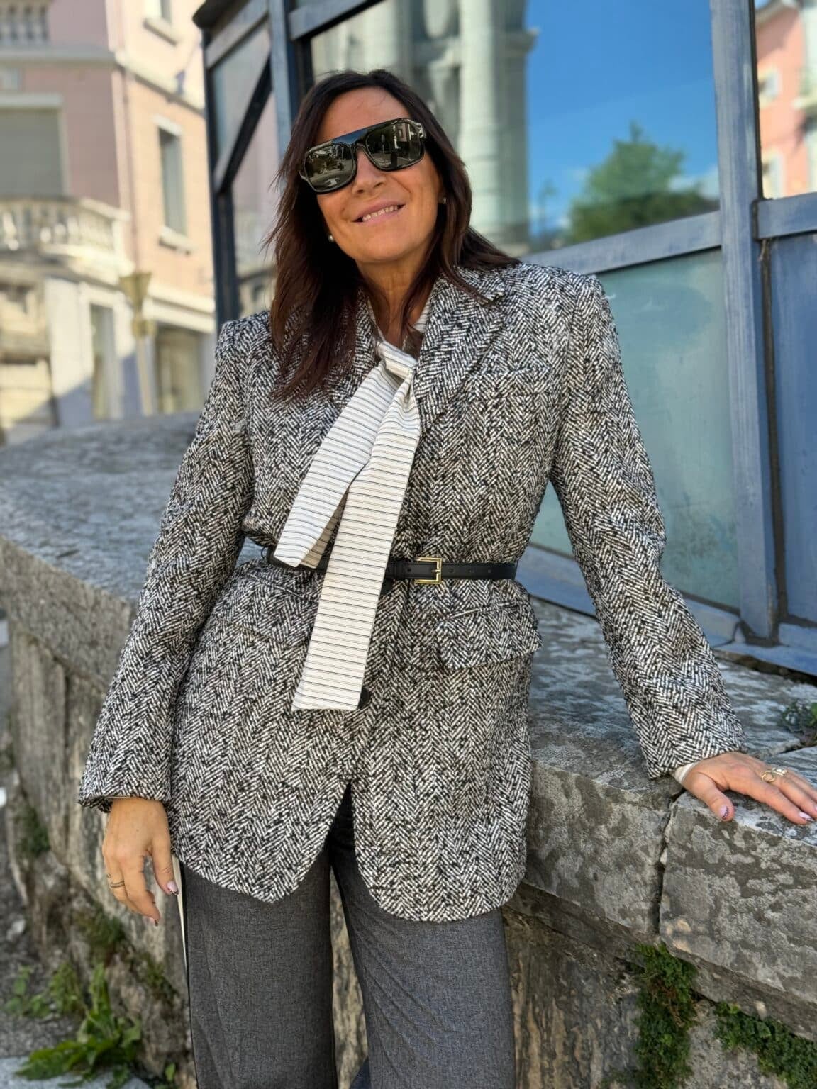 manteau veste chiné écru marron et noir ceinturé bsb(delph)
