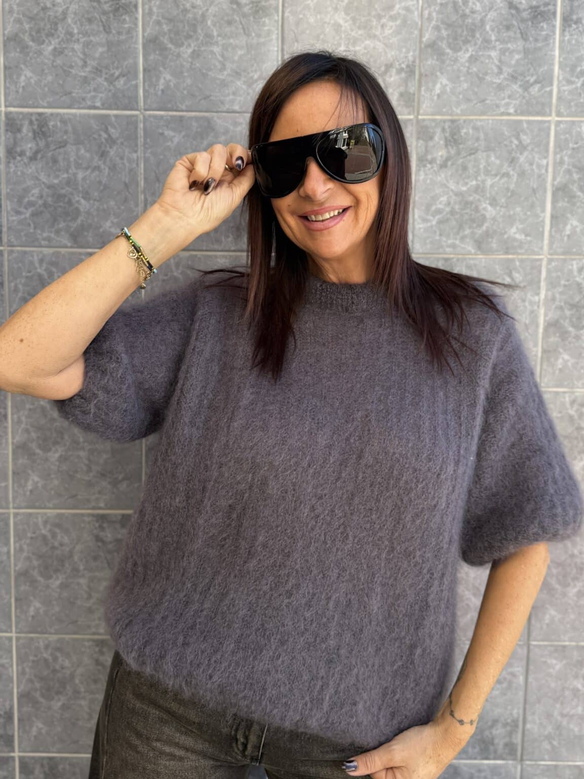 pull manches courtes en maille gris philia loft (maina)