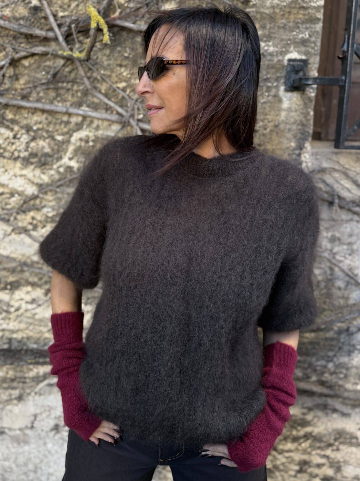 pull manches courtes en maille marron philia loft (maina)
