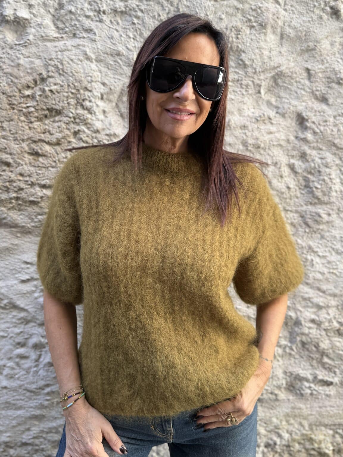 pull manches courtes en maille vert olive philia loft (maina)