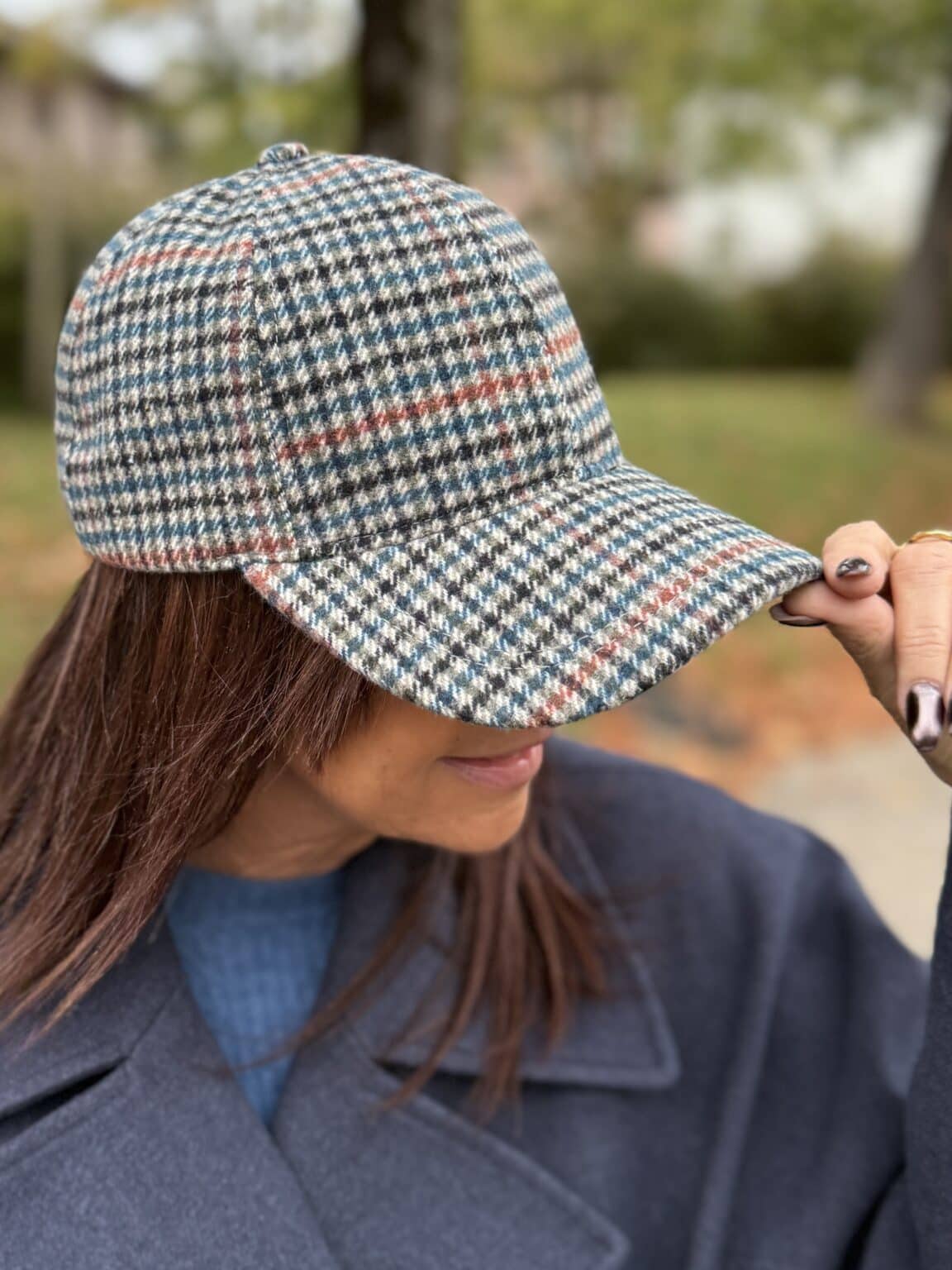 casquette en laine à motif pied de poule kaki