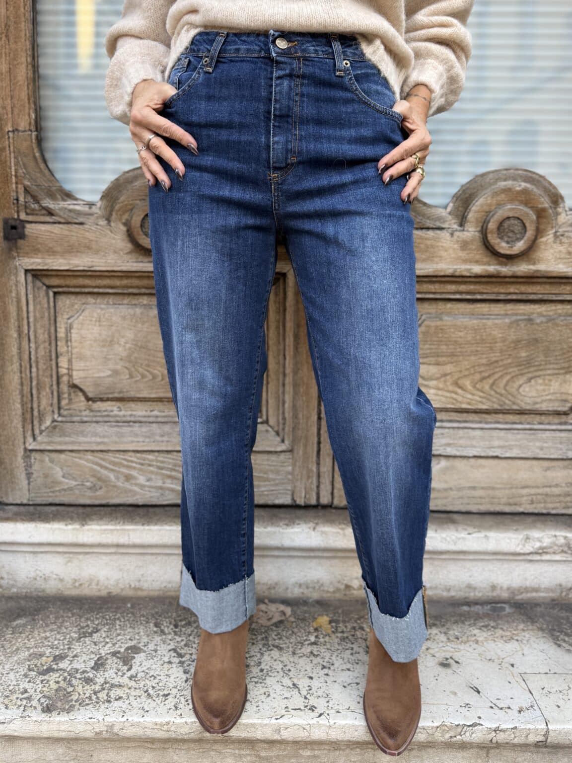 jean denim bleu moyen droit à revers philia loft