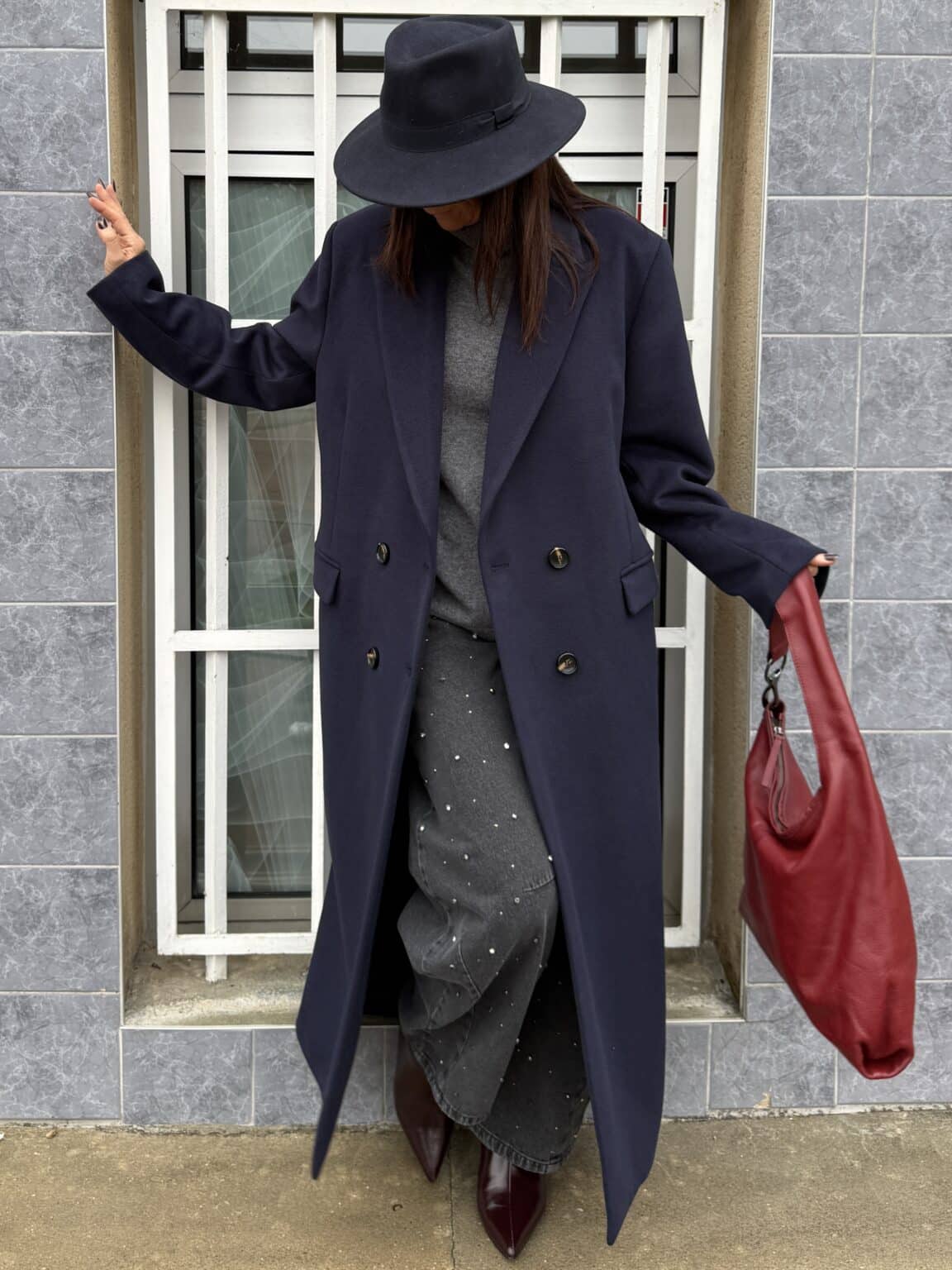 manteau long bleu marine col à revers cranté souvenir (delph)