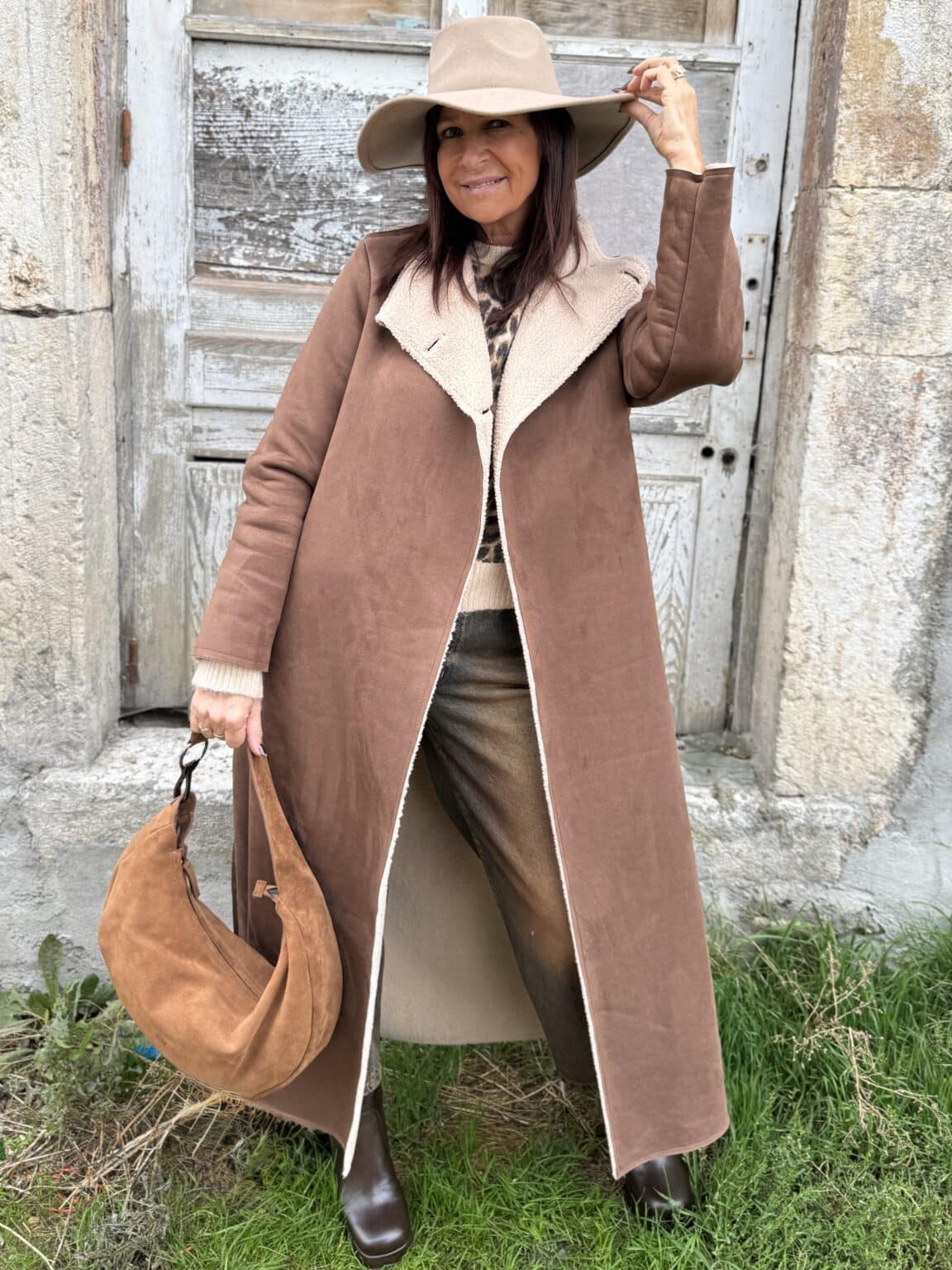 manteau long effet daim marron doublé effet peau lainée philia loft (jade)