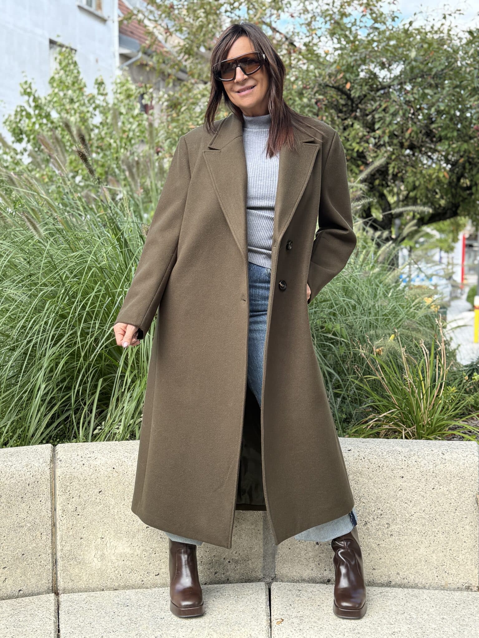 Manteau long vert kaki à col tailleur SOUVENIR