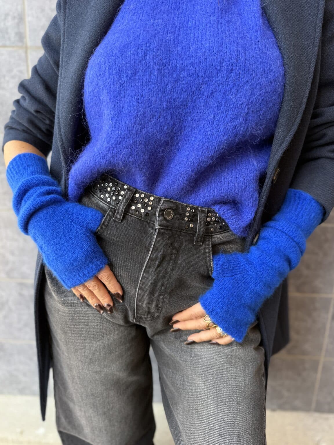 mitaines longues en baby alpaga bleu