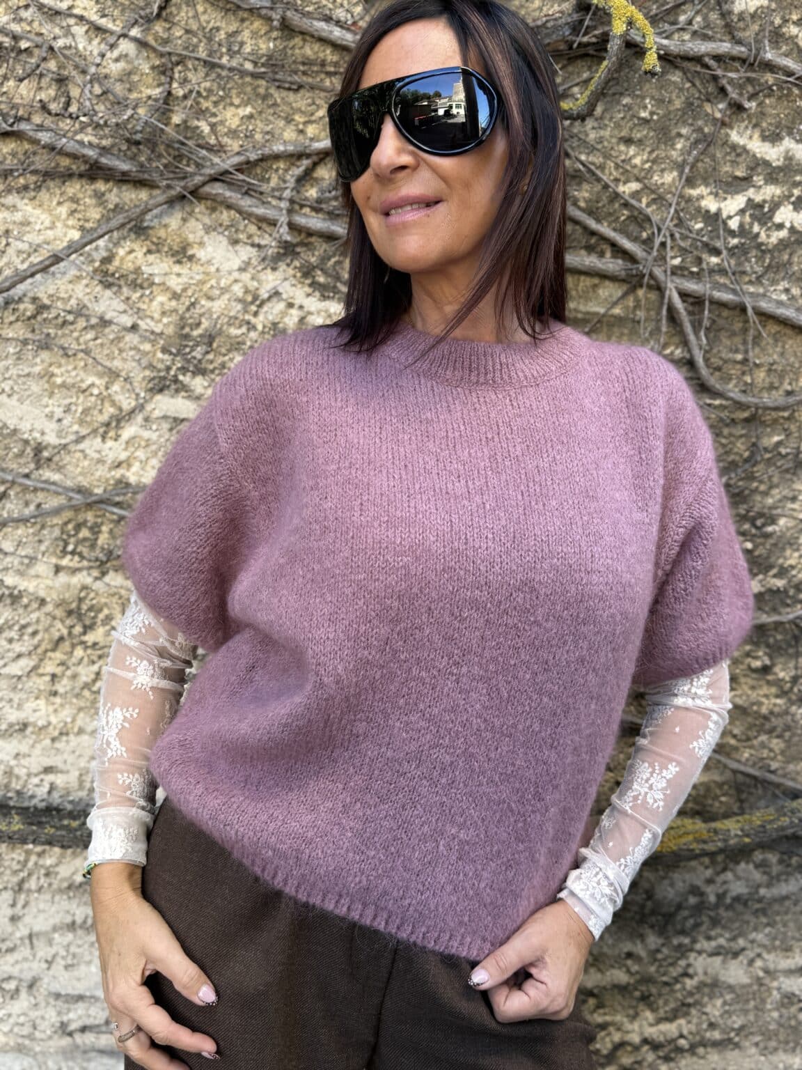 pull manches courtes maille rose meme road (ted)