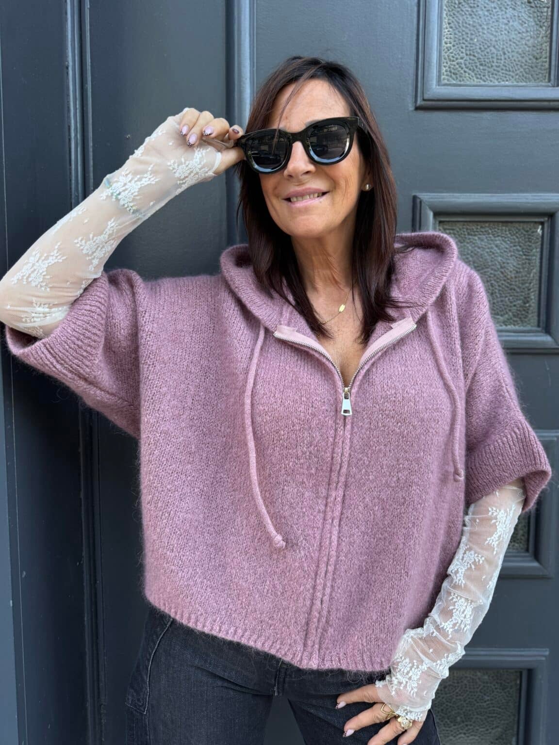 gilet en maille à capuche rose meme road (ted)