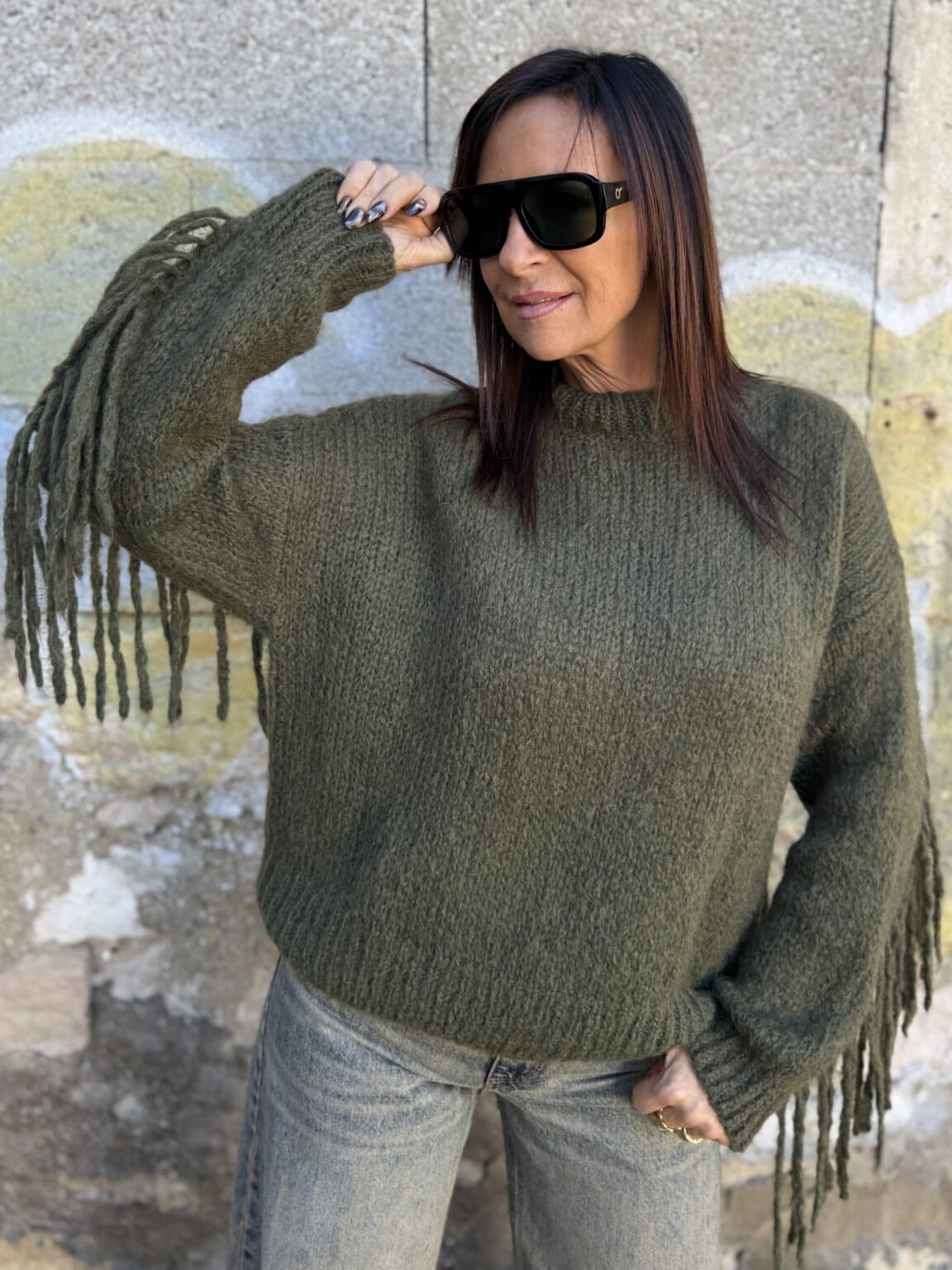 pull maille vert foncé à franges meme road (ted)