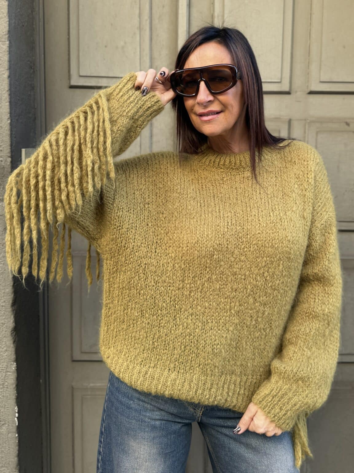 pull maille vert foncé à franges meme road (ted)