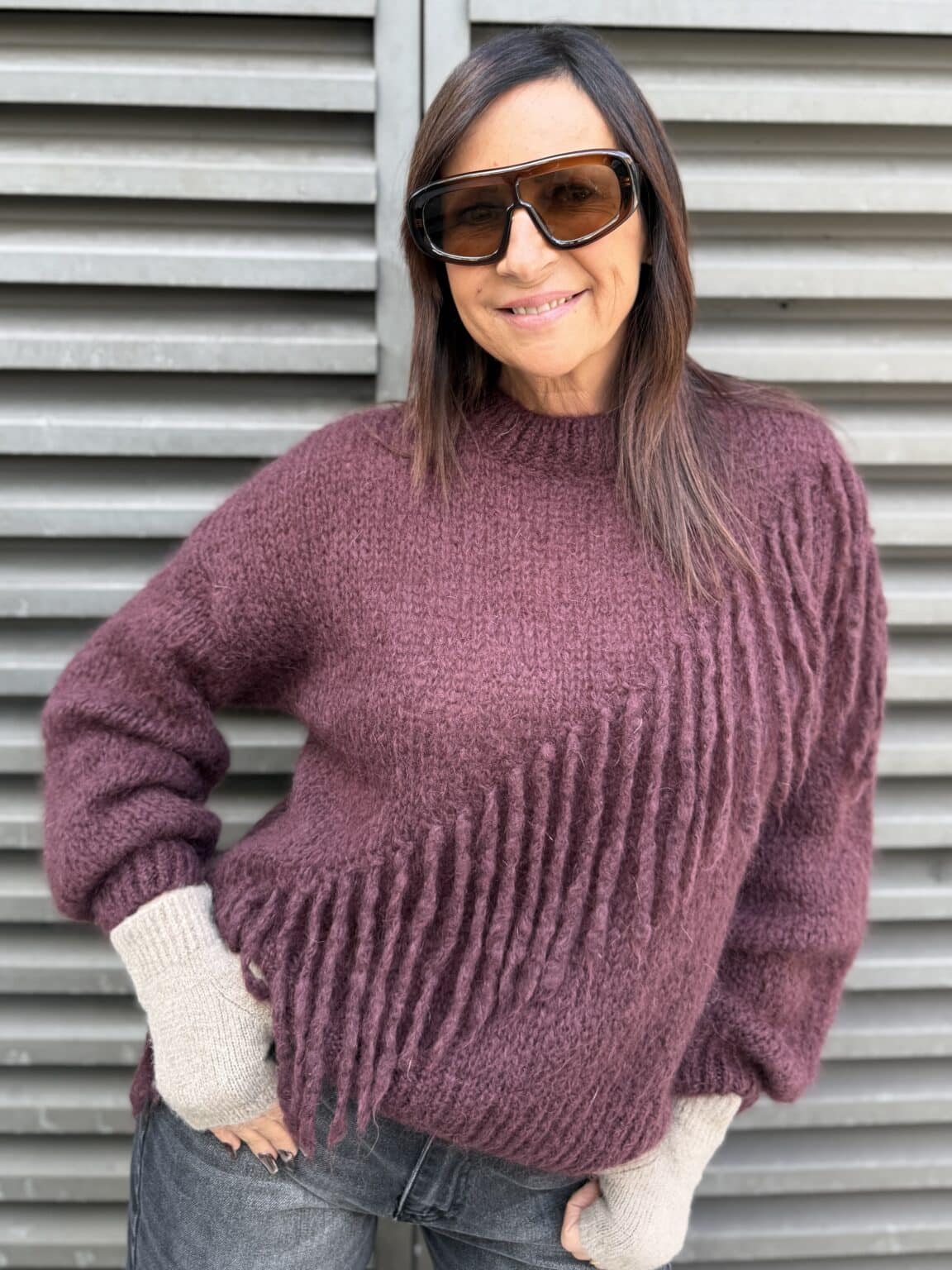 pull maille bordeaux à franges diagonales meme road (ted)