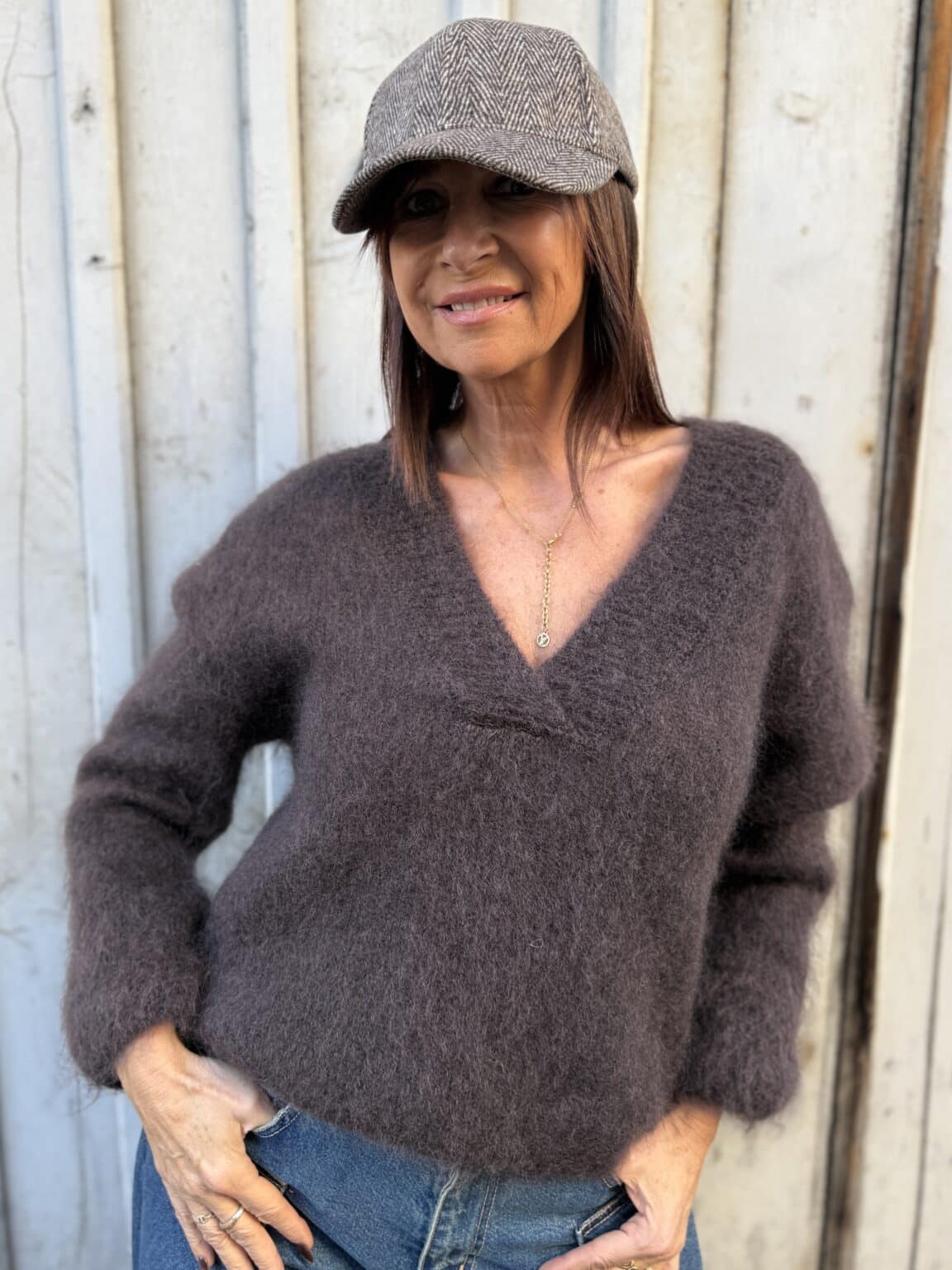 pull maille brun chocolat col v souvenir