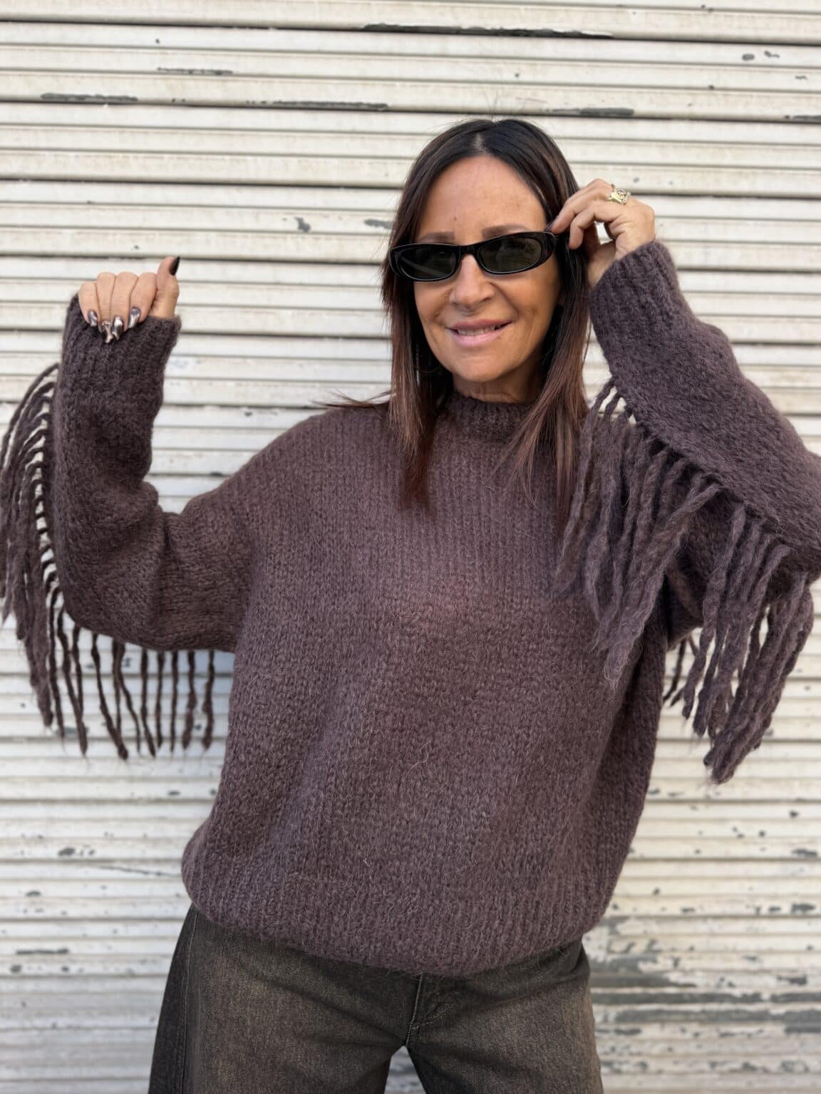 pull maille chocolat à franges meme road (ted)