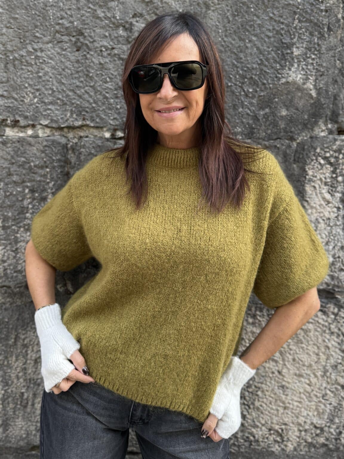 pull manches courtes maille vert olive meme road (ted)