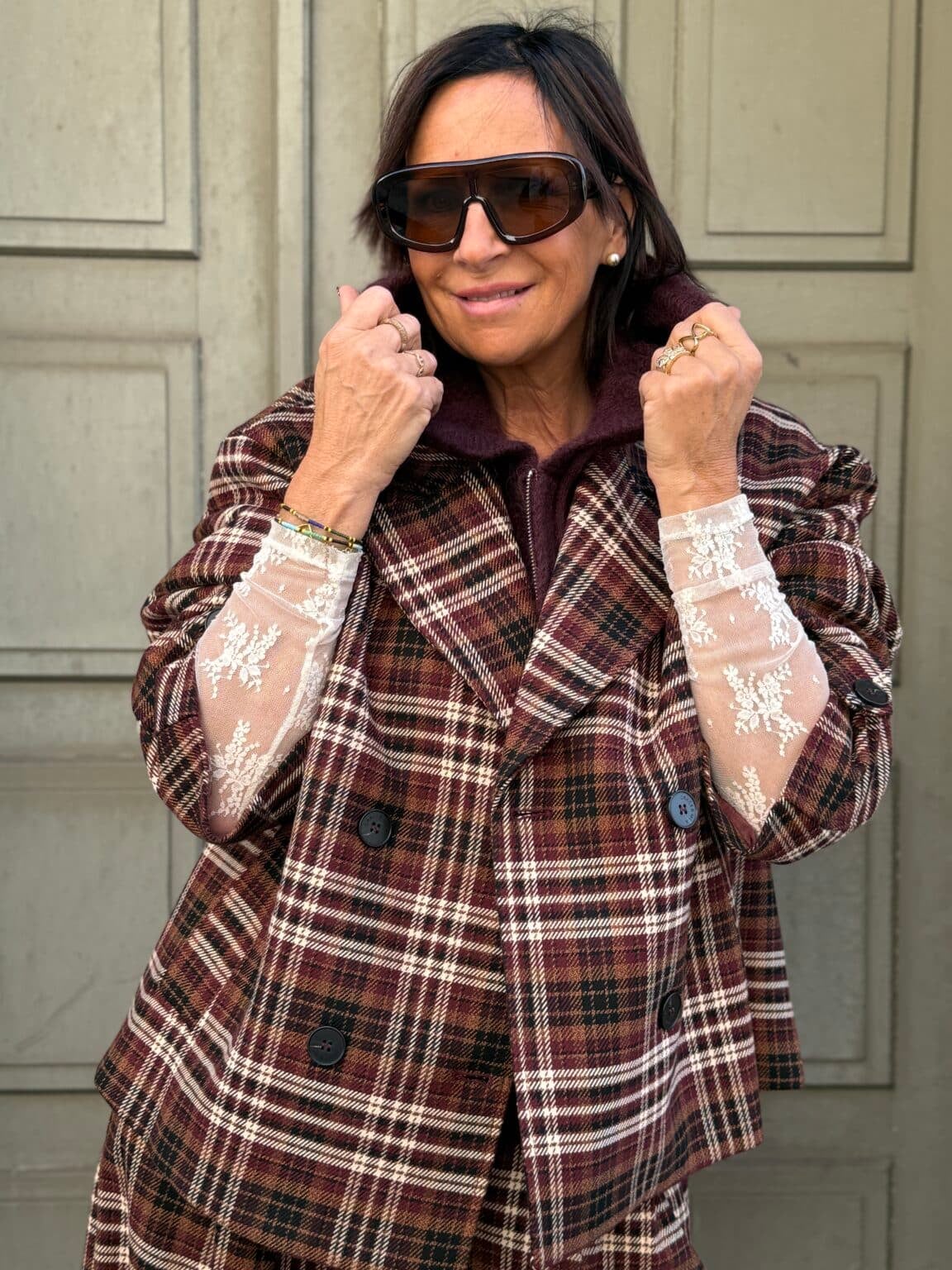 veste blazer à carreaux bordeaux beige camel et noir grace & mila