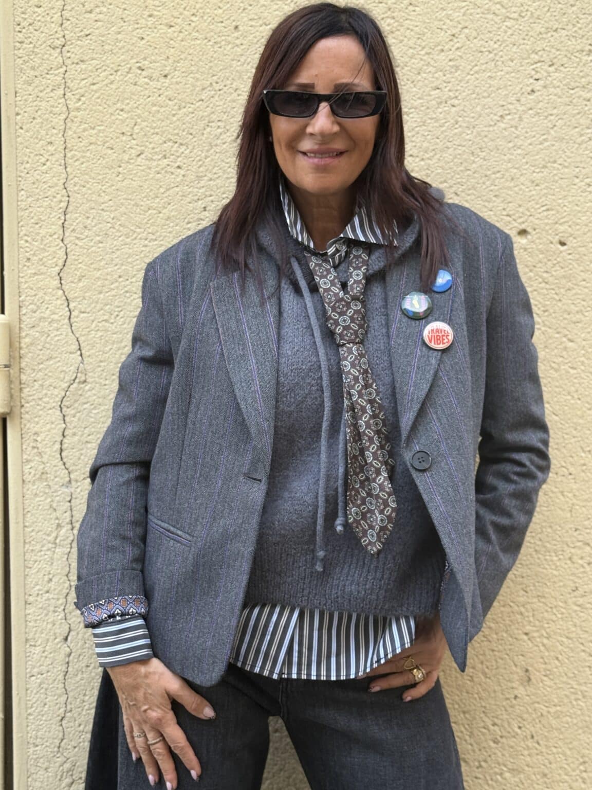 veste blazer chevrons gris et lignes fines bleu et orange dixie