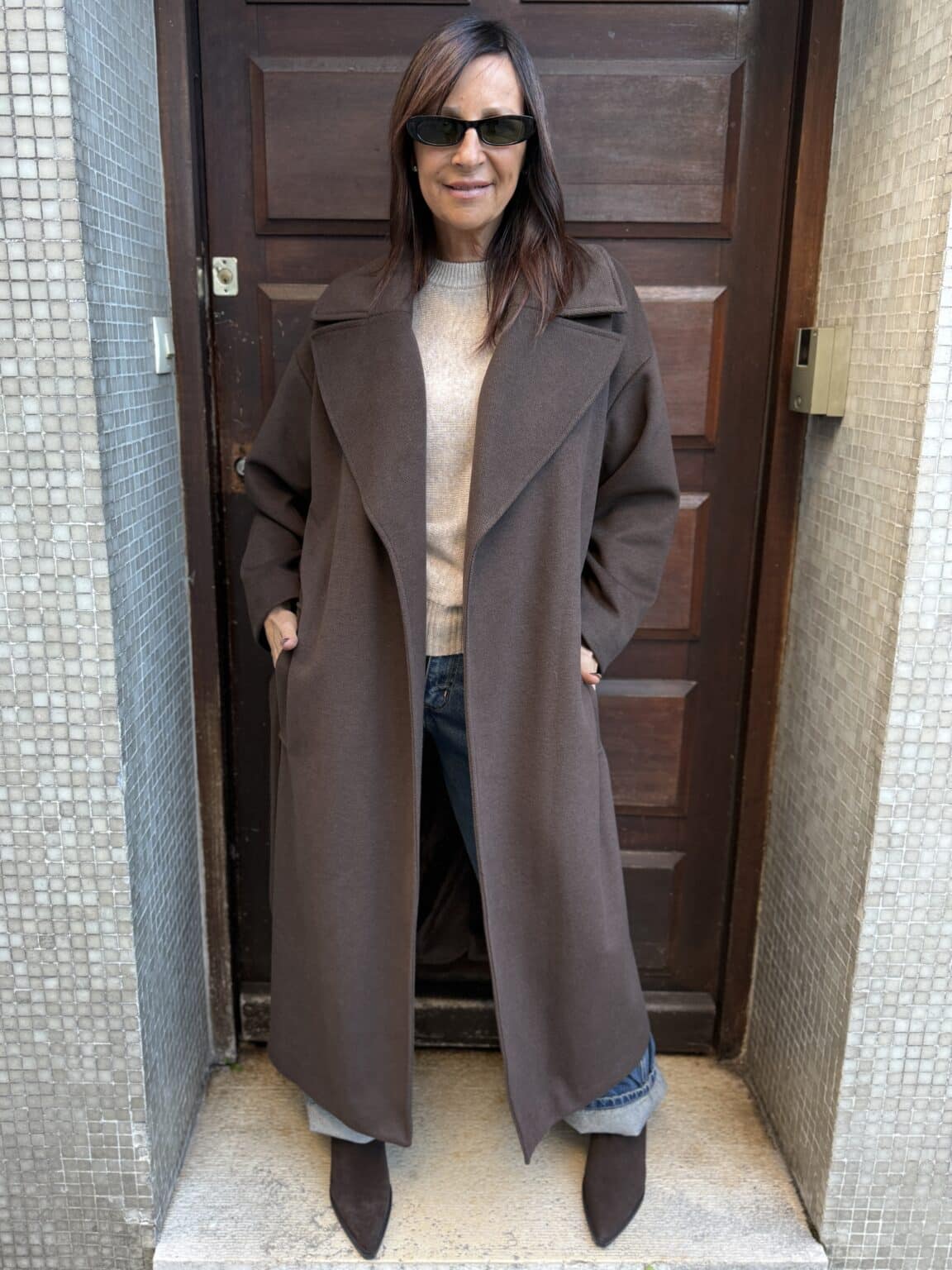manteau long col tailleur ample marron souvenir (jade)